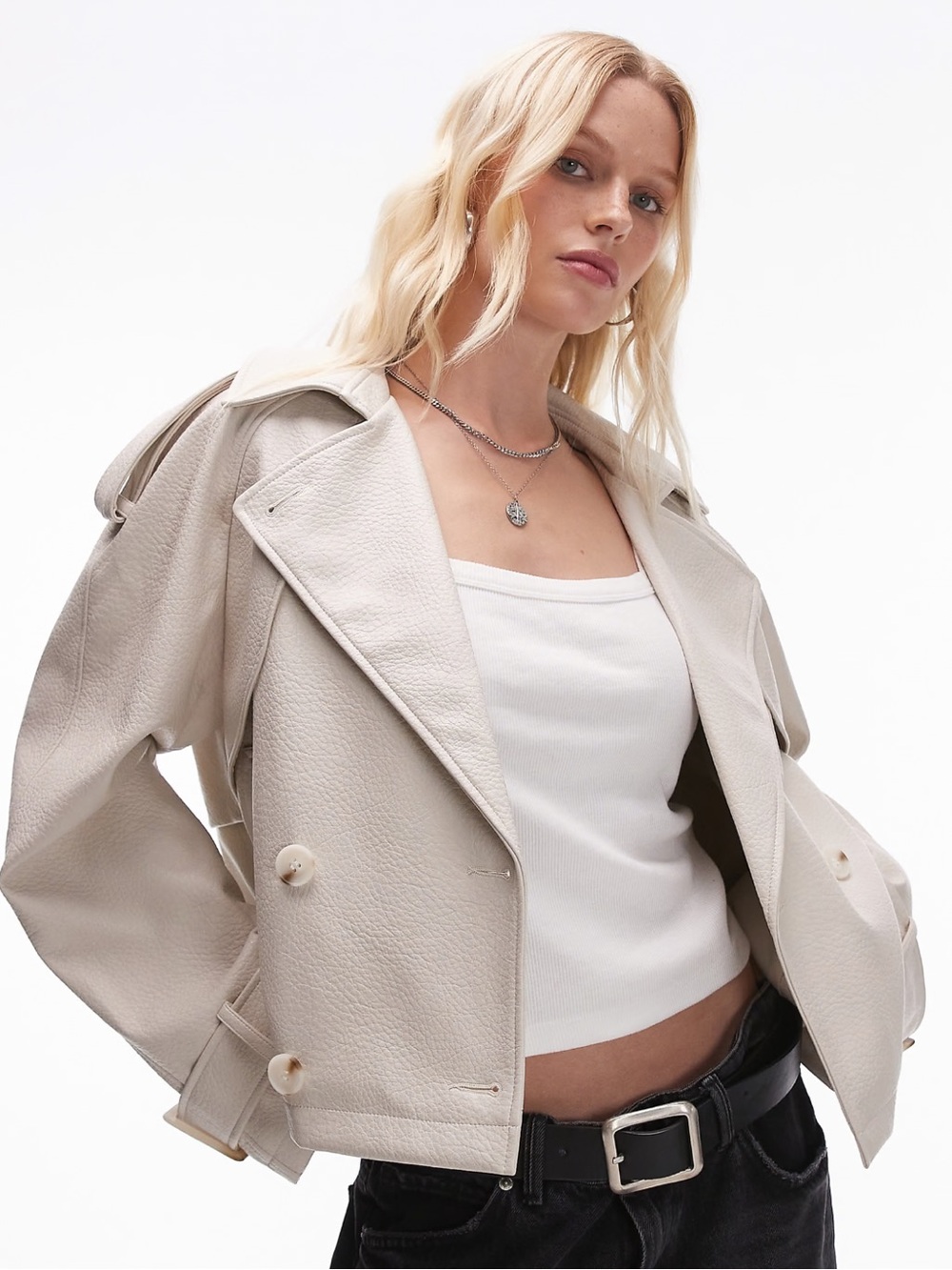 BRAND NEW | TOPSHOP | Faux Leather cropped trench coat  | Cream | XS